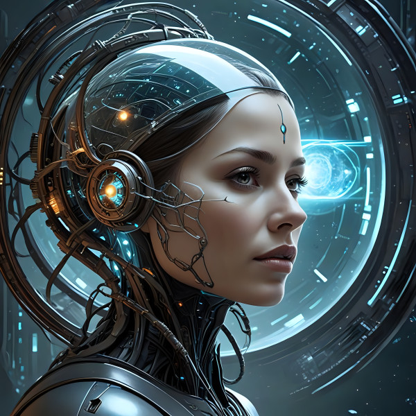 une femme de type androïde avec un casque futuriste