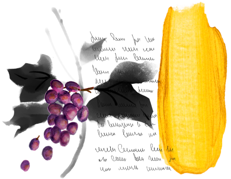 Aquarelle de raisin, poème et coup de pinceau