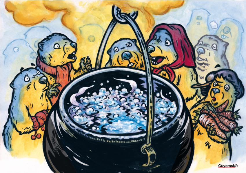 Dessin de personnages autour d'une soupe au caillou