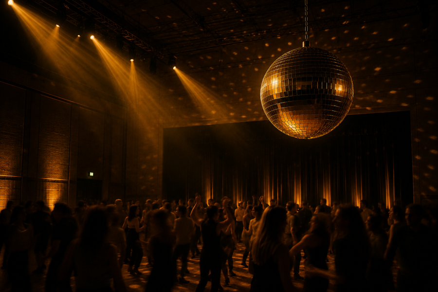 Menschen tanzen in einem grossen Saal unter einer goldenen Discokugel. Warme gelb-orange Scheinwerfer beleuchten die Tanzfläche und schaffen eine stilvolle Atmosphäre.