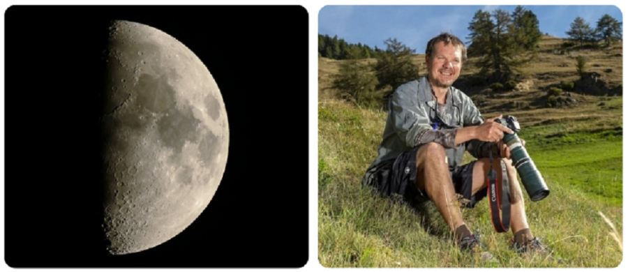 Photo de la lune à gauche / Photo d'Eric Bouchet assis dans la nature avec son appareil photo
