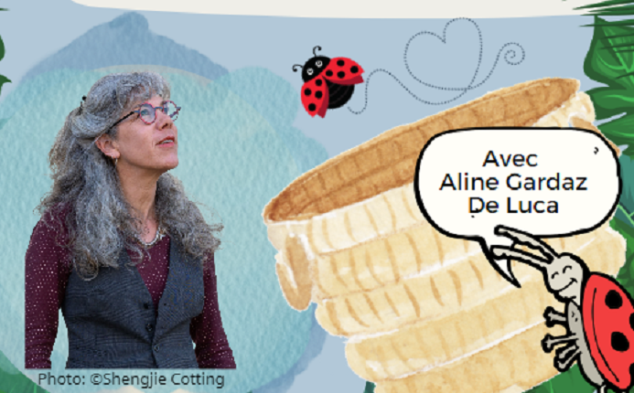 photo de la conteuse et dessin d'un panier et d'une coccinelle