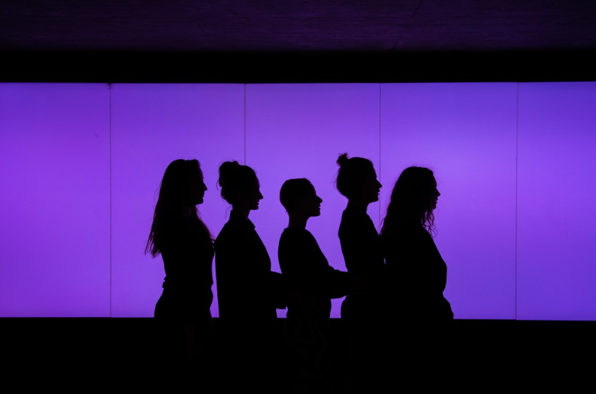 Man sieht dan Schatten der fünf Frauen, die in einer Linie hintereinander stehen. Das Licht dahinter ist violett.