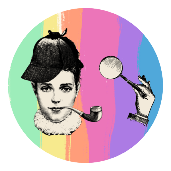 Illustration d'une enquêtrice sur fond arc-en-ciel
