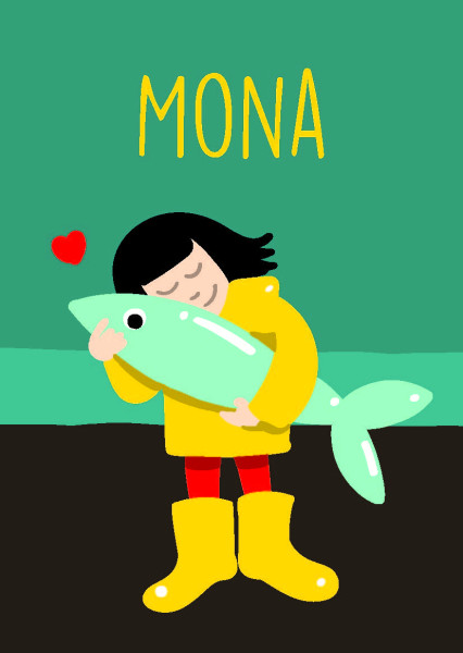 Ein Comicbild mit einem Mädchen in gelber Regenkleidung mit einem grossen grünen Fisch in den Armen