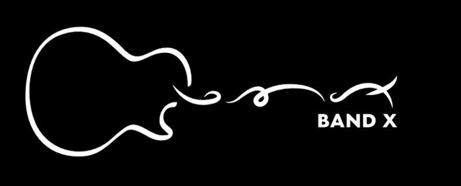 Logo mit einer Gitarre und dem Bandnamen BandX: weiss auf schwarzem Hintergrund.