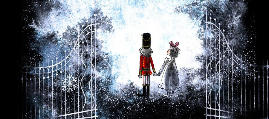 Auf dem Bild sieht man eine Winterlandschaft mit vielen weißen Schneeflocken. In der Mitte stehen zwei Figuren Hand in Hand. Die linke Figur ist der Nussknacker. Er trägt eine rote Uniform, schwarze Stiefel und einen hohen schwarzen Hut. Neben ihm steht e