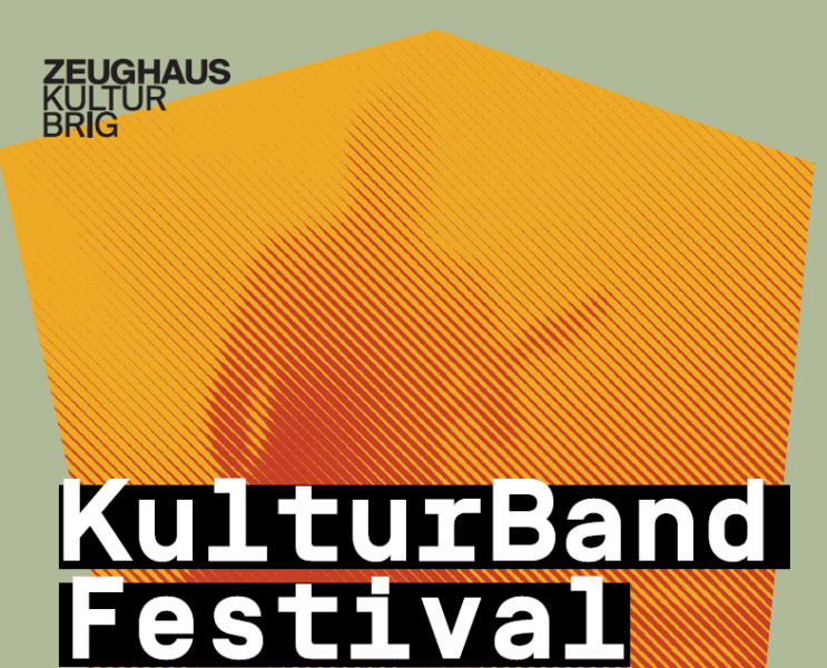 Titelseite vom Flyer mit dem Titel Kulturbandfestival im CD der ZeughausKultur mit einem Gitarristen im Hintergrund