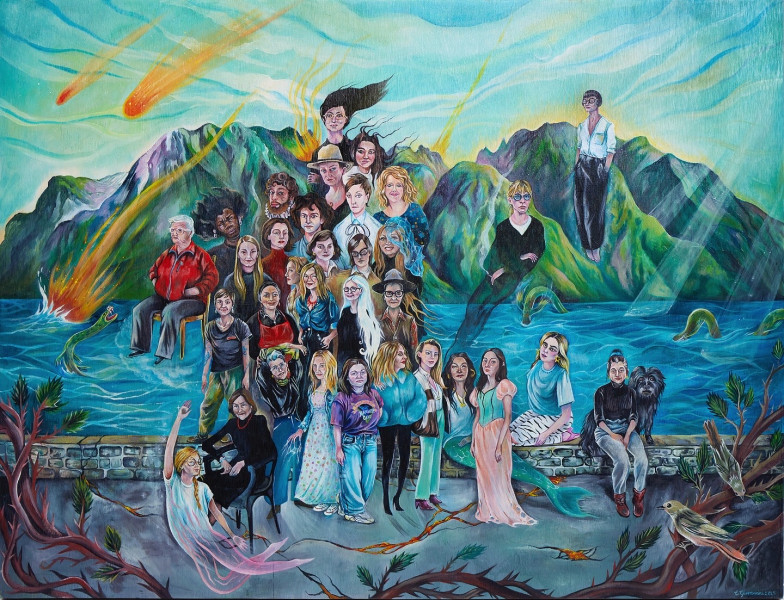 Portrait de groupe de la scène figurative suisse. 32 peintres ont été sélectionné·es pour représenter ce mouvement. Le portrait de groupe a été commandé par le musée et fait partie de sa collection.