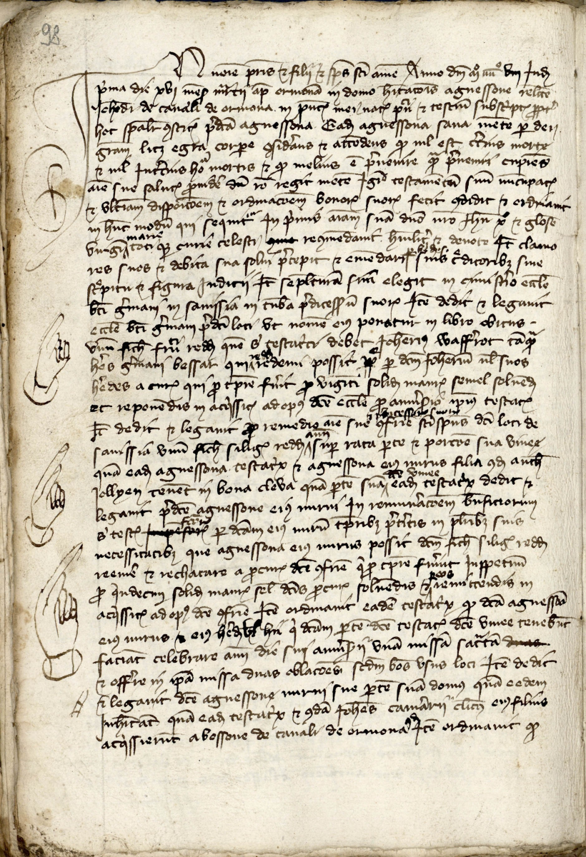 Testament d’Agnessona de Canali, 1408 (CH AEV, ACS, Min. A 90, p. 98. Photo : DigiArchives).